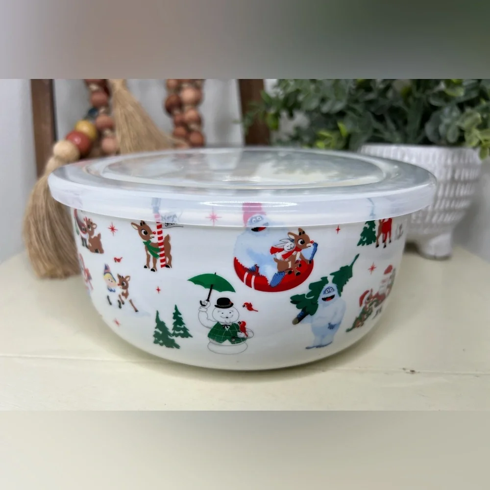 ZRIKE -32 Oz Round Plastic Microwave Bowl w/Vent Lid (Rudolph Christmas)